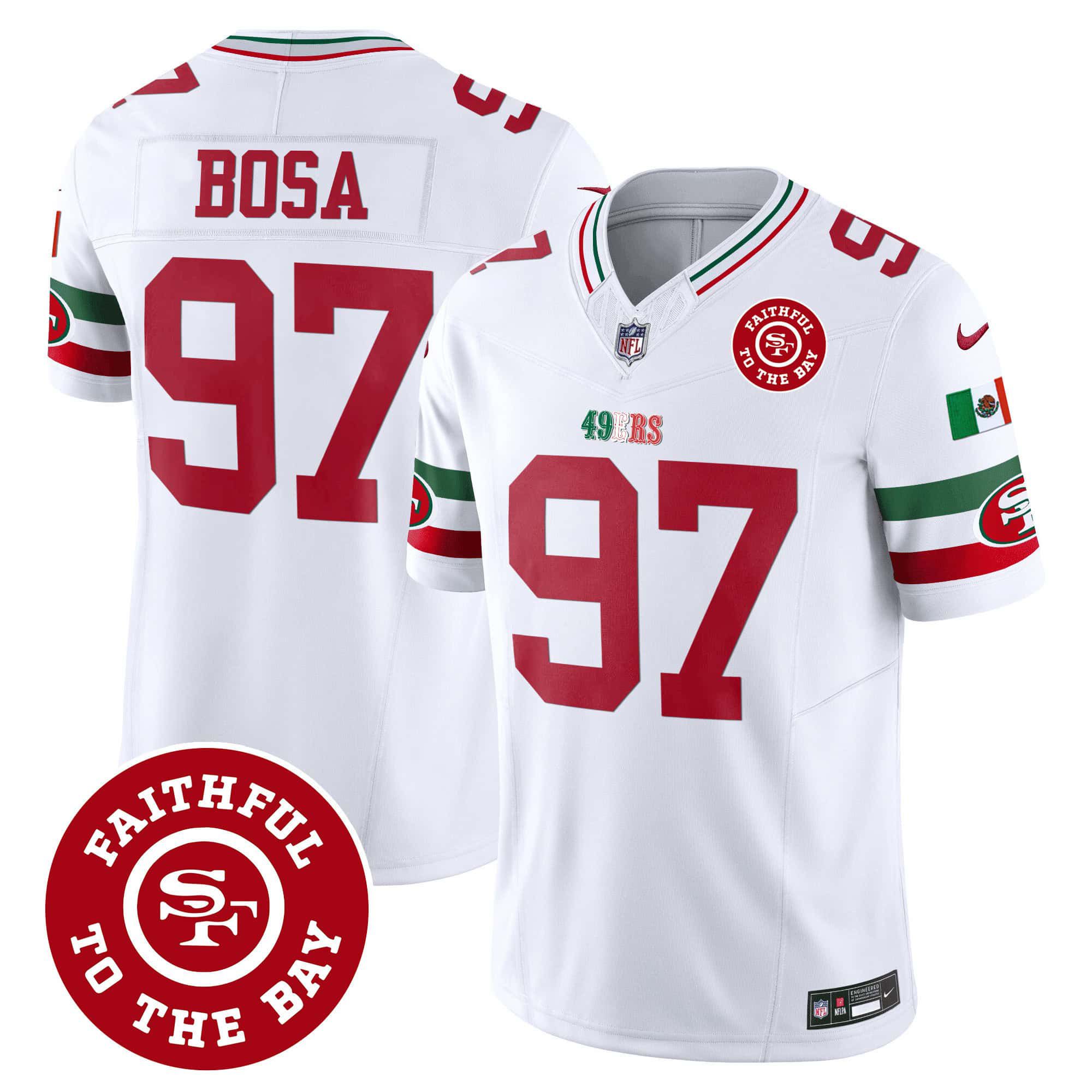 Men San Francisco 49ers 97 Bosa White 2024 Nike Mexico Faithful To The Bay Patch Vapor NFL Jersey